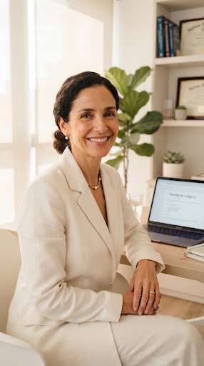 A portrait of an elegant woman doctor in her early forties with radiant glowing natural skin and dark hair tied back neatly. She wears a minimalist ivory linen medical coat with subtle jewelry, smiling warmly in a bright, modern clinic consultation office illuminated by soft warm daylight and minimalist botanical plants in the blurred background.