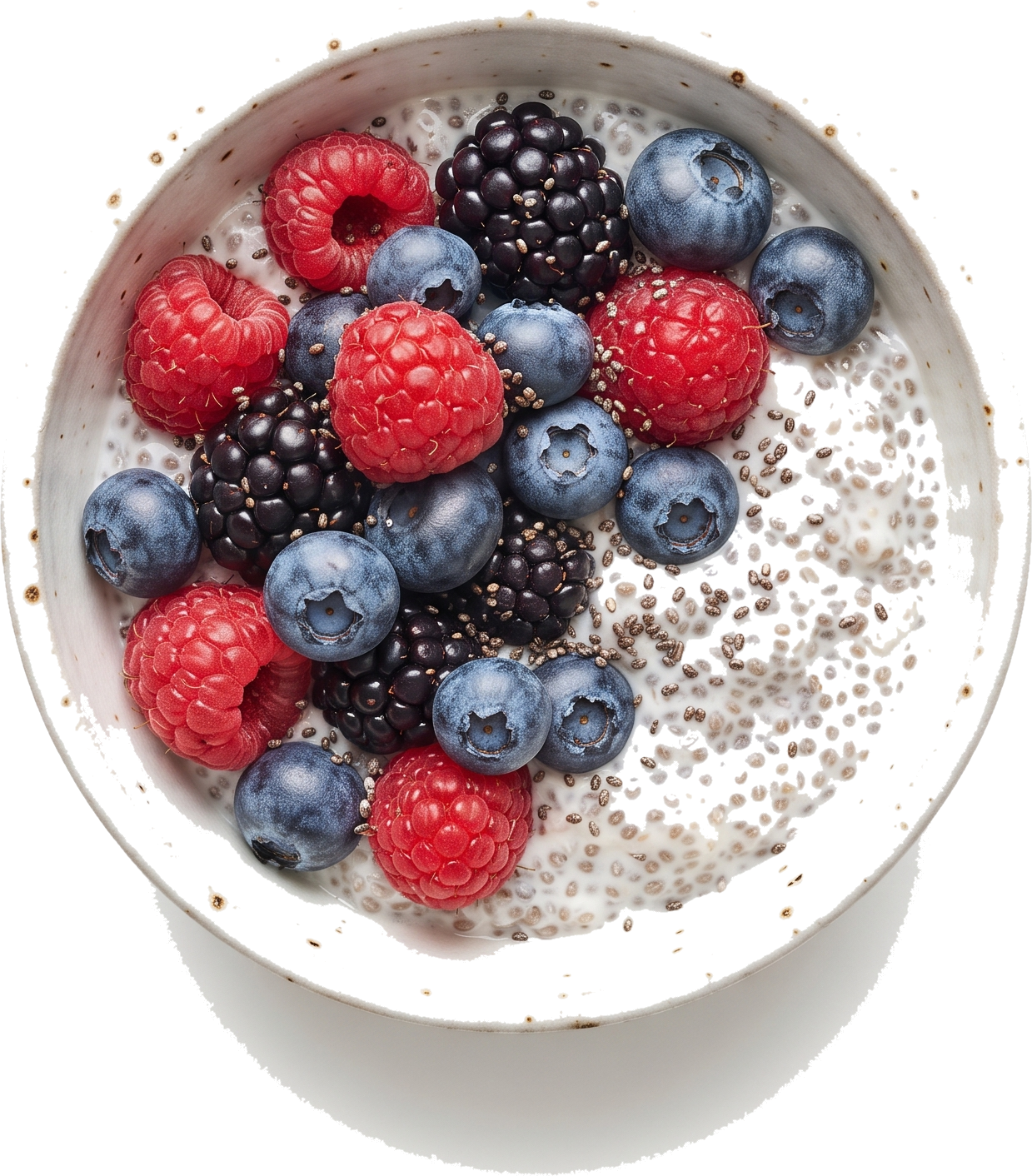 Bol de pudín de chía coronado con frambuesas, arándanos y moras frescas, con semillas de chía espolvoreadas