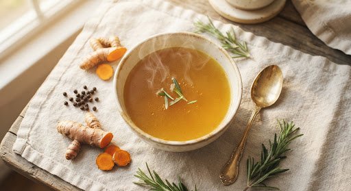 A warm, atmospheric overhead shot of an artisanal golden bone broth elixir in a creamy ceramic bowl with delicate vapor wisps rising. Fresh turmeric root, whole black peppercorns, fragrant fresh rosemary sprigs, and a golden vintage spoon rest on raw off-white linen cloth. The warm sunlight casts soft, golden morning hues highlighting the velvety amber clarity of the collagen-rich broth.