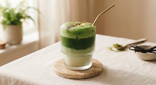 A serene zen editorial beverage shot showing an iced ceremonial grade green matcha latte in a clear ribbed drinking glass. Layers of creamy pale almond milk and vivid emerald froth topped with a touch of crushed vanilla bean and edible golden flakes. Resting upon a warm travertine marble coaster in soft natural morning window lighting with light cream linen textures.