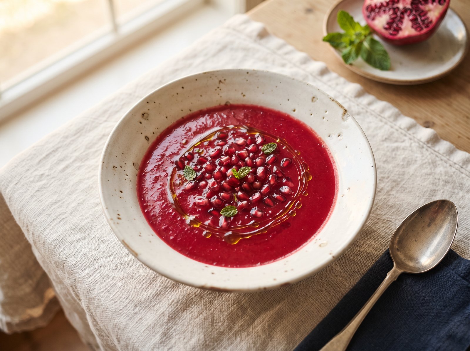 An elegant overhead shot of a vivid ruby-red pomegranate gazpacho in a wide ceramic bowl, garnished with fresh pomegranate arils, a light drizzle of olive oil and a few micro mint leaves, resting on raw off-white linen, soft warm natural side light