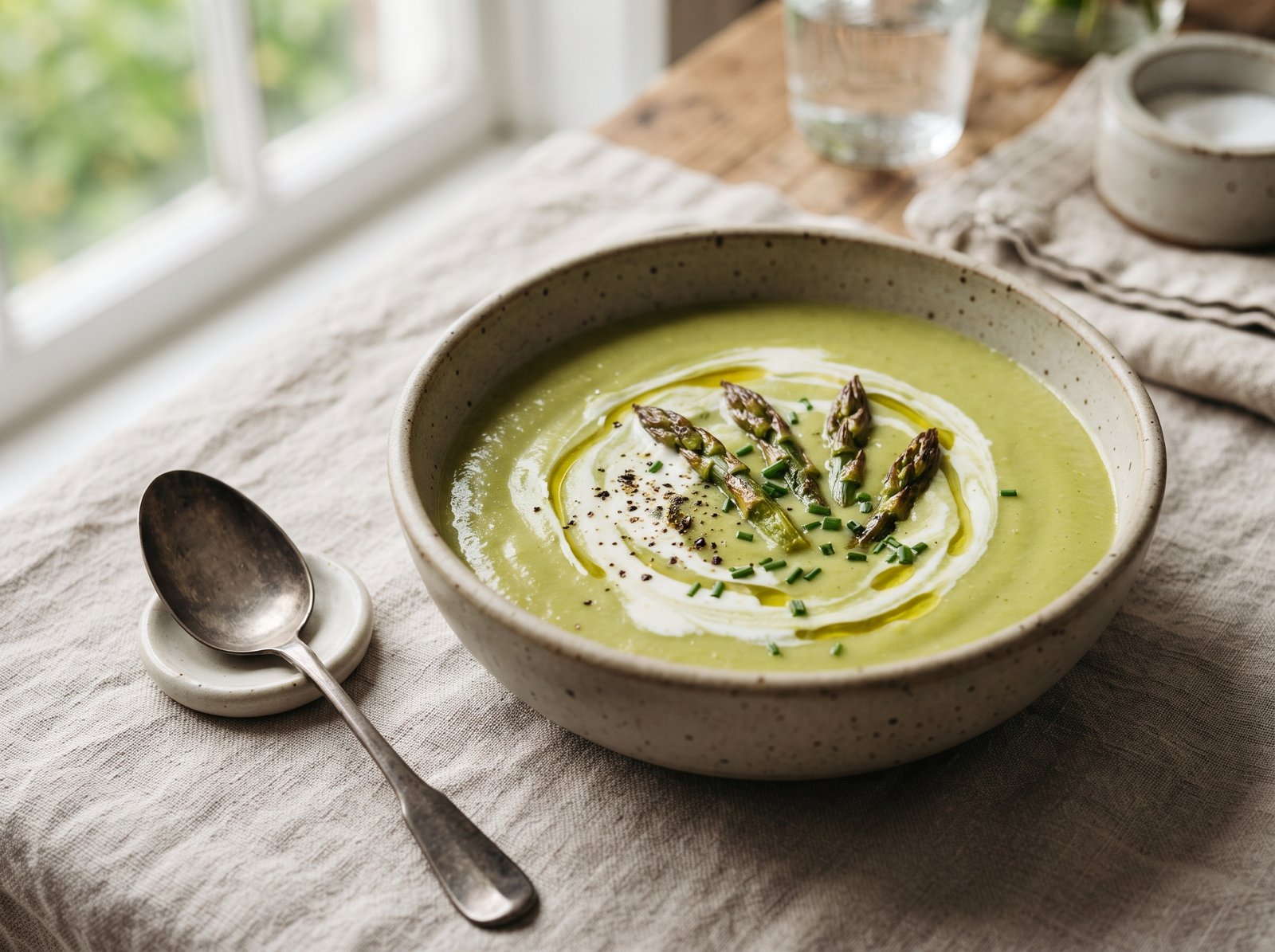 A creamy silky green asparagus soup in a matte stoneware bowl, swirled with a touch of cream, topped with a few thin roasted asparagus tips and cracked black pepper, soft natural window light, neutral linen backdrop