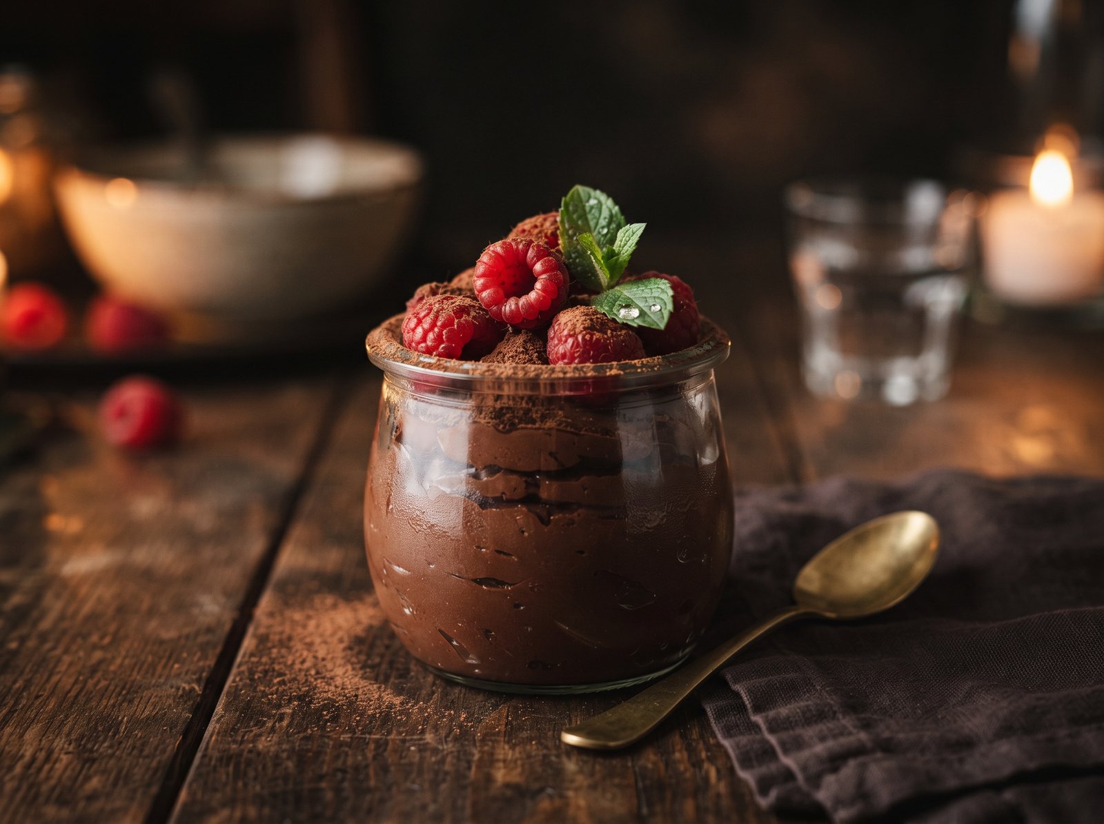 A rich dark 85% chocolate mousse served in a small glass jar, topped with fresh raspberries, a mint leaf and a light dusting of cacao powder, moody warm side lighting, dark blurred backdrop